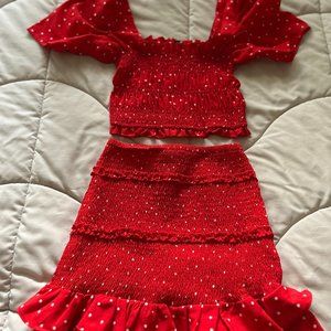 Fashion Nova, XS, Red and White Polkadot, 2-piece Mini-Skirt Set